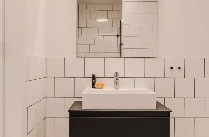 The bathroom is kept in black and white colors