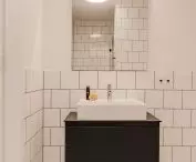 The bathroom is kept in black and white colors