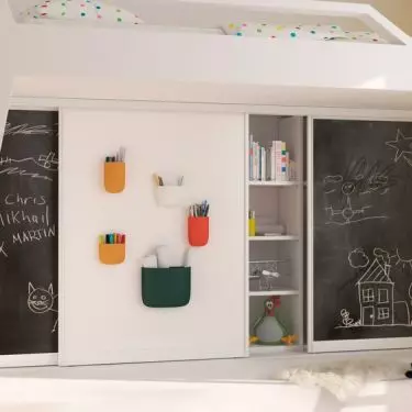 The fronts of the cabinets in the children's room can be covered with blackboard paint