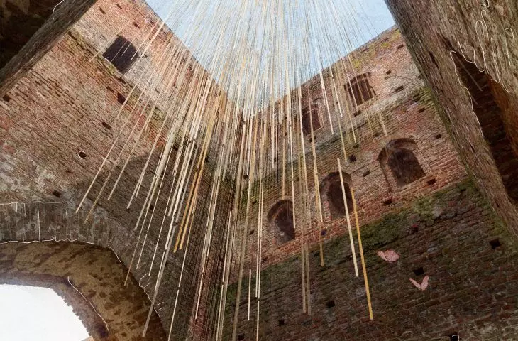 Wicker art installation in the tower of the church ruins