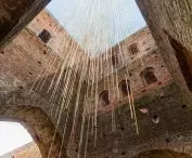 Wicker art installation in the tower of the church ruins