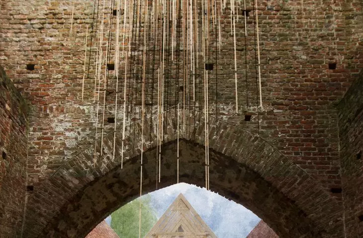 Wicker installation and view of the proposed building