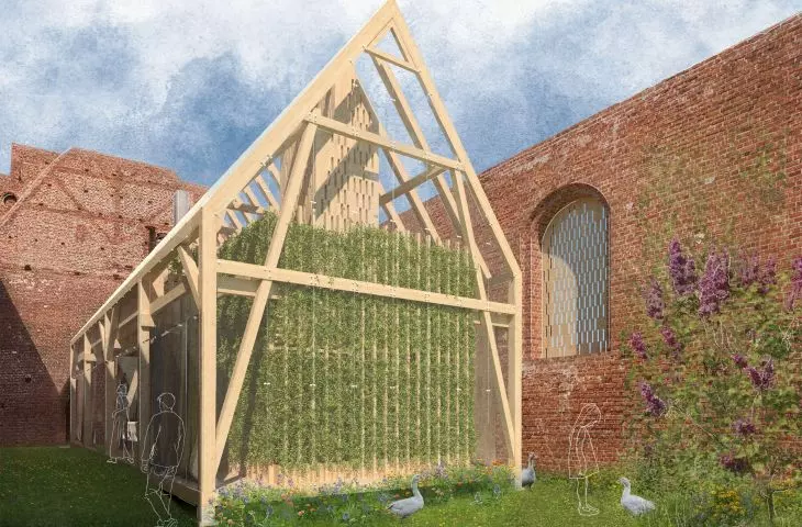 On the eastern side is a staircase surrounded by wooden beams overgrown with vines