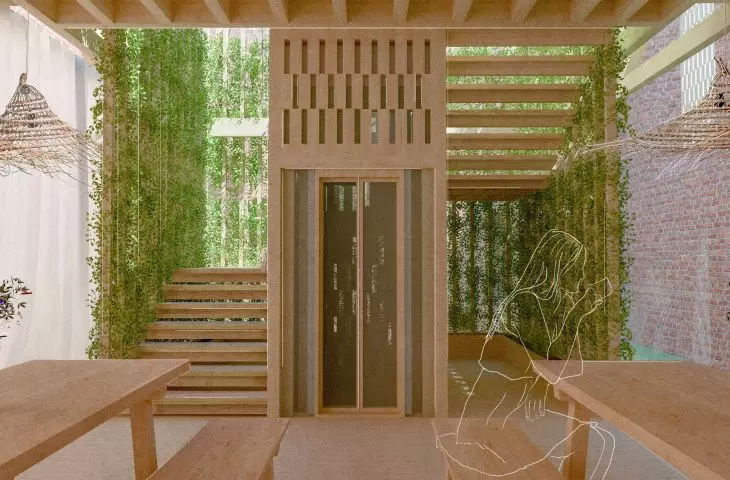 A staircase and a wide staircase lead to the first floor