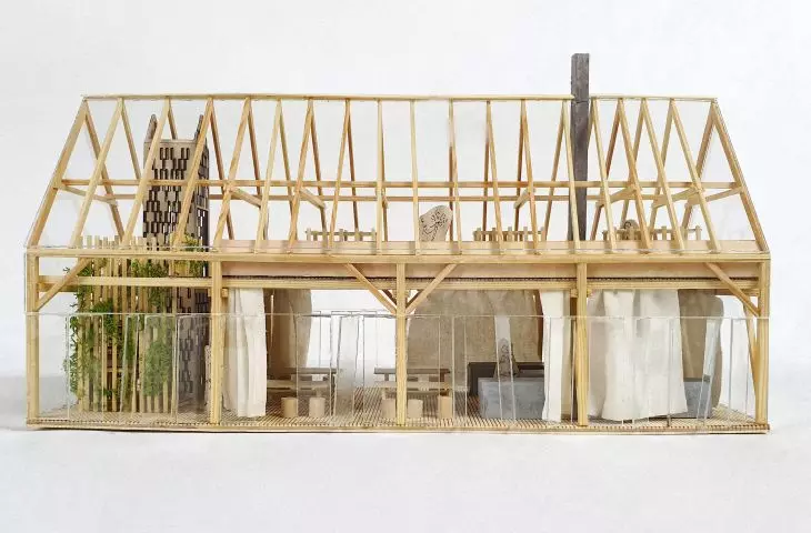 There is a kitchen and meeting space on the first floor and a greenhouse in the attic