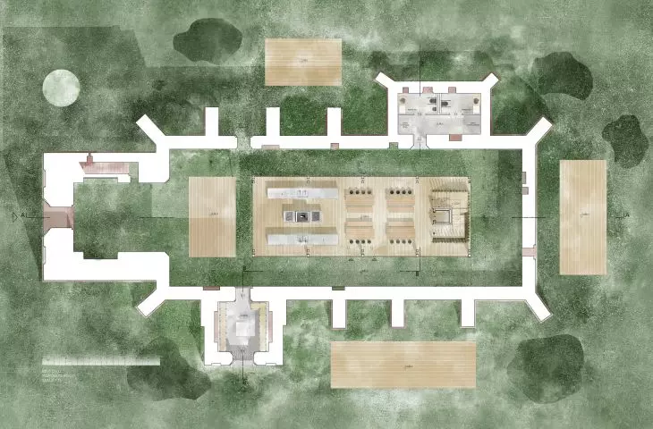 Revitalization of the ruins of the church in Steblewo, level 1 projection.