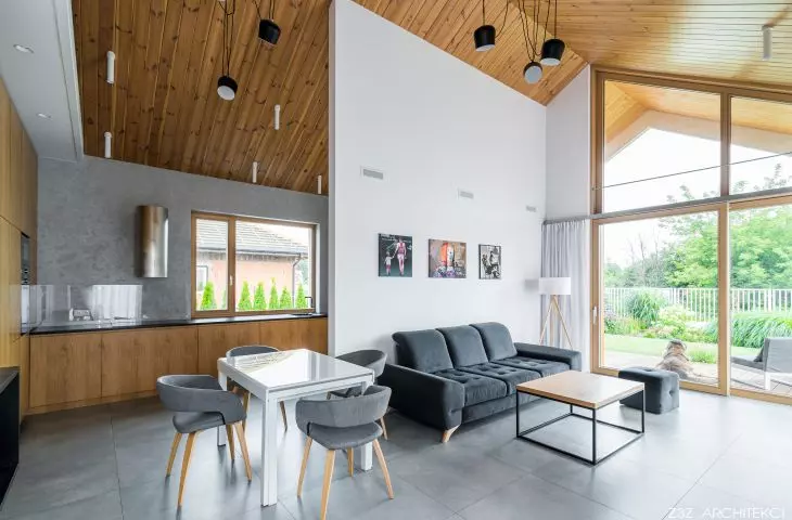 White house, kitchen with living room