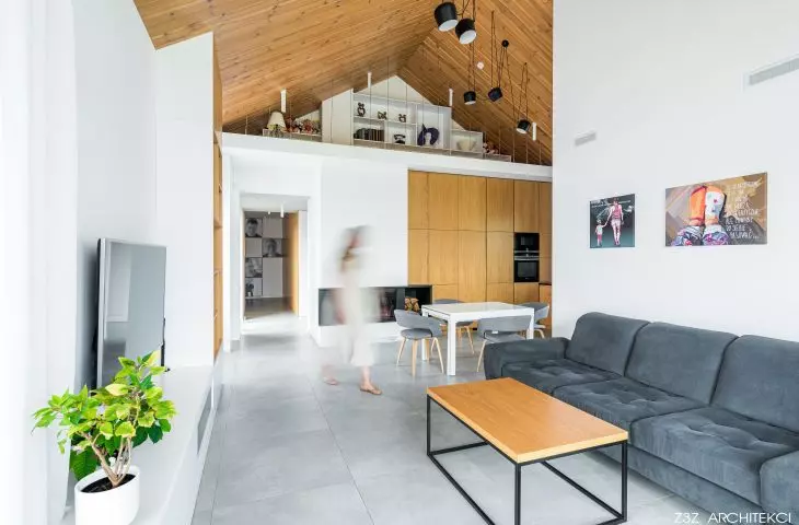 White house, living area with kitchen