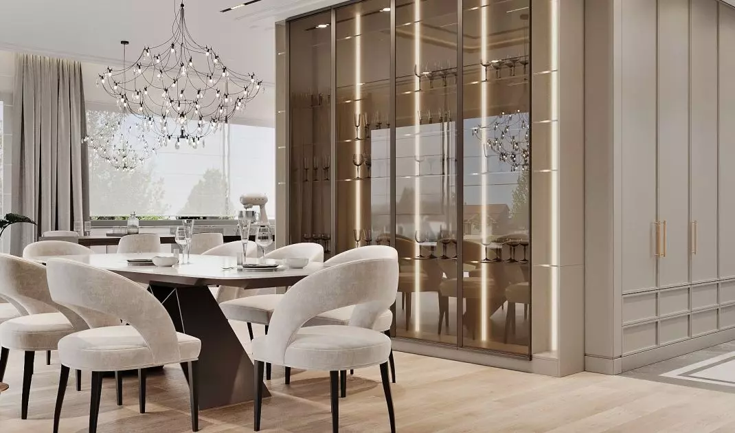 In the dining room you will find a glass display case in champagne colors