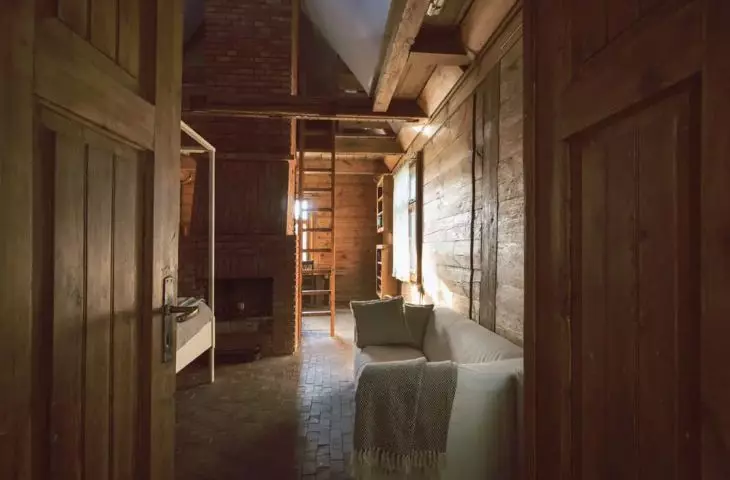 cozy wood reigns in the interior