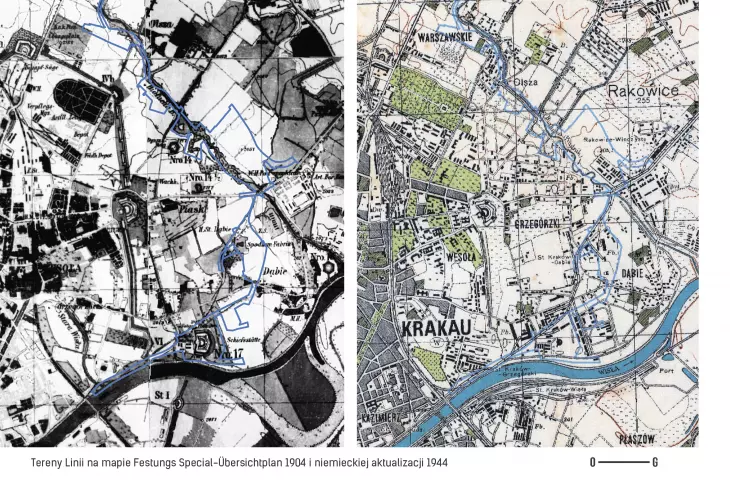Tereny Linii na mapie Festungs Special-Übersichtplan 1904 i niemieckiej aktualizacji 1944