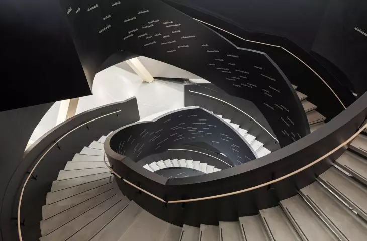 Double spiral staircase with art installation 