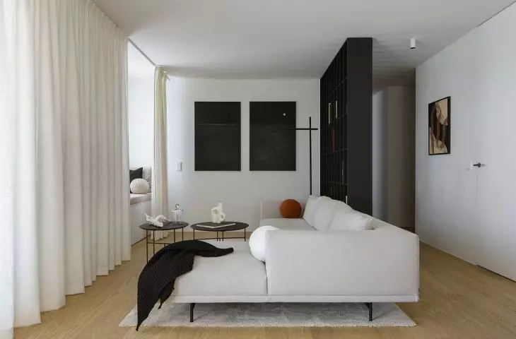 The contrasting interior is full of art