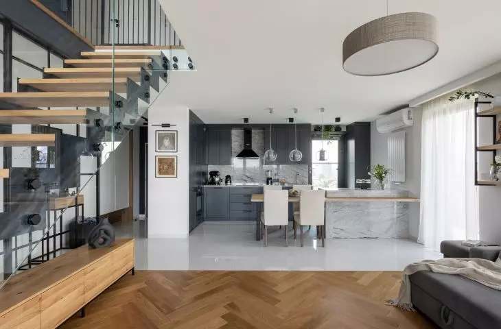 The kitchen as seen from the living room