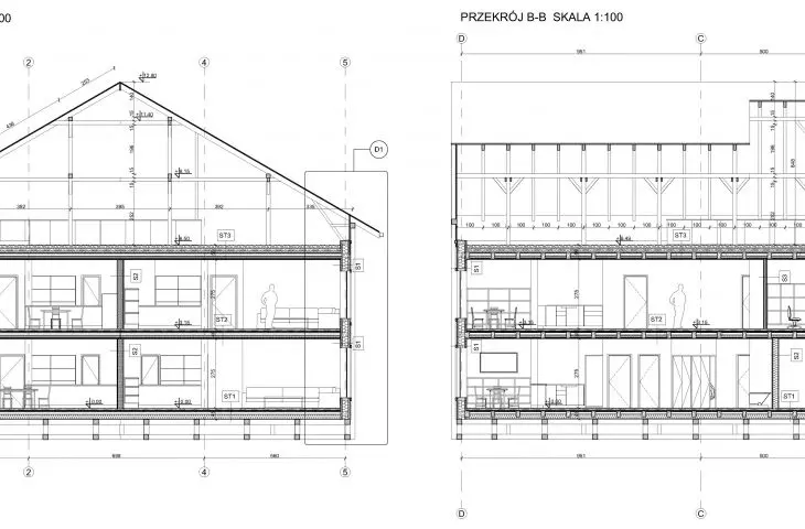 Projekt Re-Wood Housing, przekroje jednego z budynków