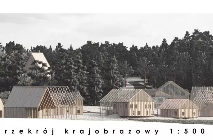 Projekt Re-Wood Housing, przekrój krajobrazowy