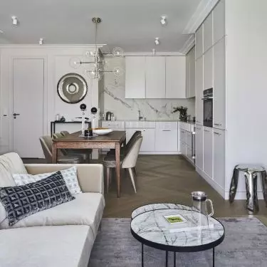 Living room, dining room and kitchen