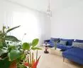 kolorowy akcent salonu tworzy niebieska kanapa