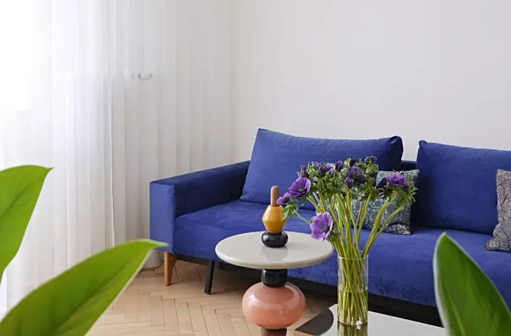 designer tables: Shuffle by Mia Hamborg and mirrored coffee table by HAY. 