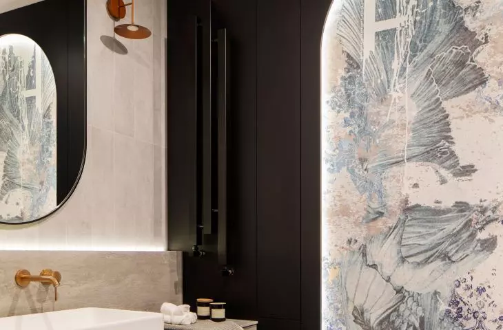 The guest bathroom was designed to resemble the interior of a Turkish bath