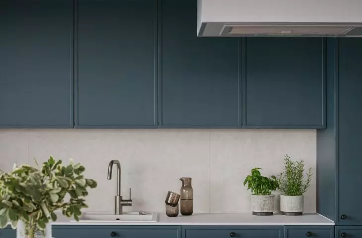 The kitchen cabinets are kept in a blue sea color