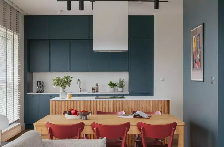 View of the blue kitchen