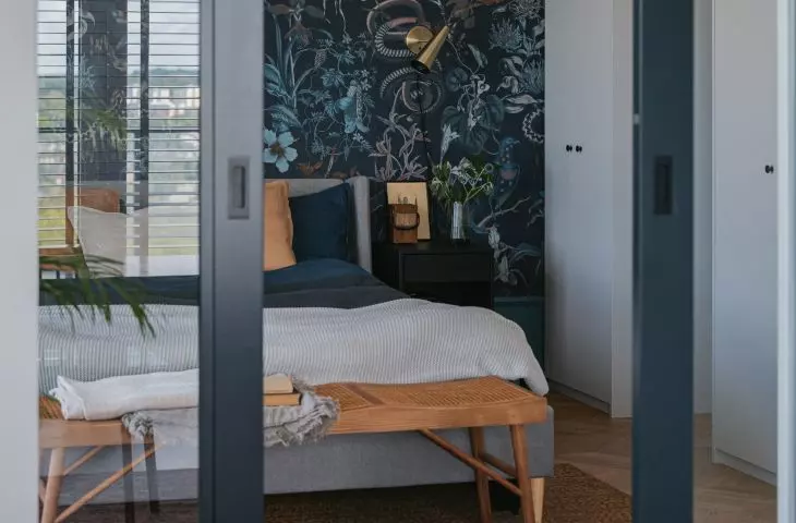 Sliding doors create a visual frame