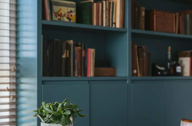 Blue cabinet for books and memorabilia