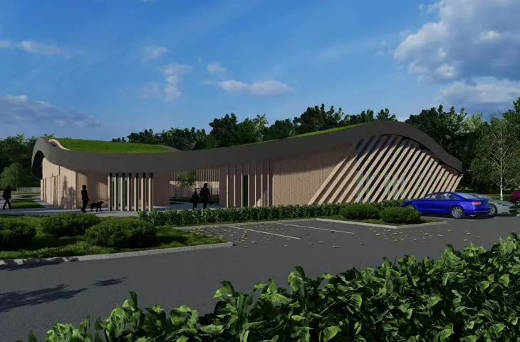 Projekt hotelu dla zwierząt, widok od strony parkingu