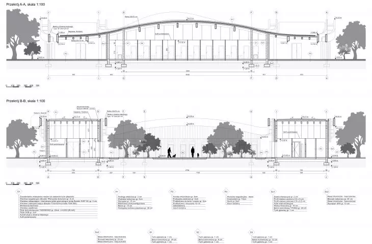 Projekt hotelu dla zwierząt, przekroje A-A i B-B