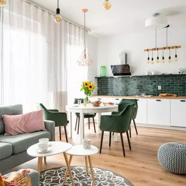 Kitchen, living room and dining room