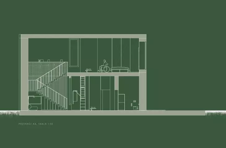 Projekt mieszkania dla osoby poruszającej się na wózku, przekrój AA 