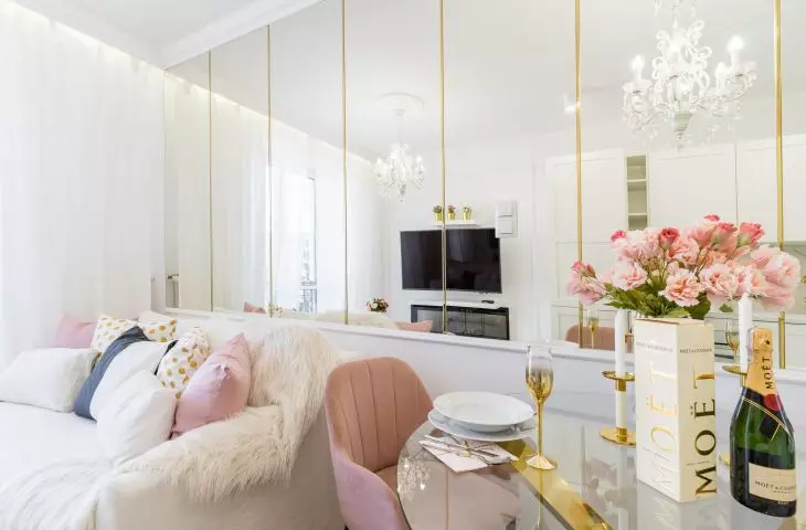 The apartment was decorated in soft glam style