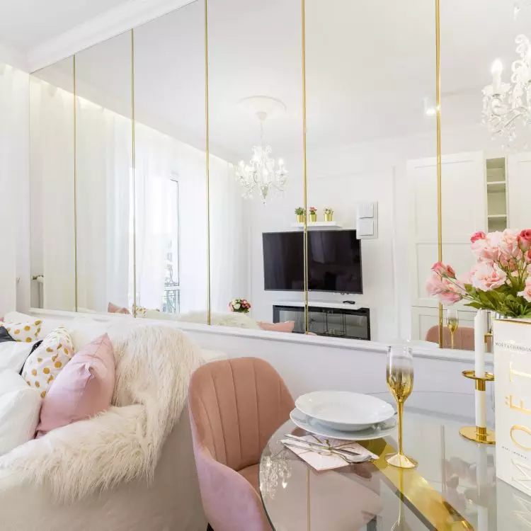 The apartment was decorated in soft glam style