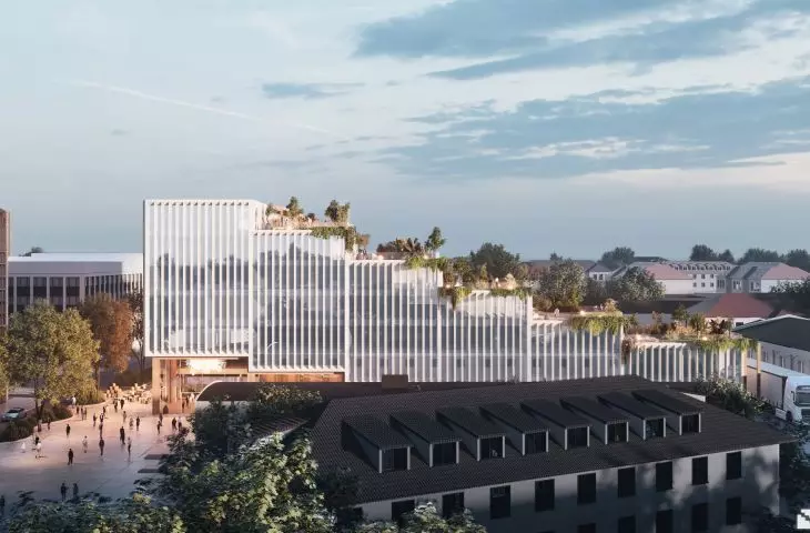 the block is distinguished by a cascading layout that visually connects the lower part of the urban fabric with the higher buildings of the campus
