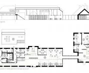 B-B section and plan of the cafeteria and therapy room area