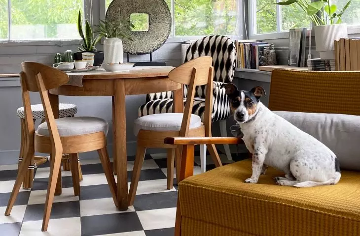 Yellow chair adds color to the interior