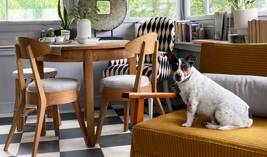 Yellow chair adds color to the interior