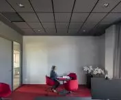 Ecophon Maste Eg ceiling system in a dark Silk Slate color was used in the offices of the Family Group company 